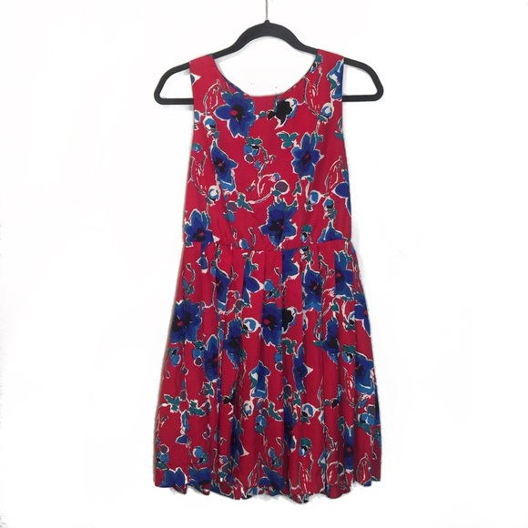 Anthropologie Red Floral Lace Up Back Pleate Dress - Picture 3 of 11
